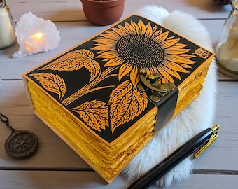 Sunflower Leather Journal – Handmade Floral Writing Notebook with Lock