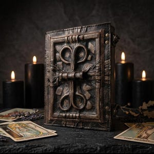 May include: A rectangular, dark brown, textured leather-bound book featuring a raised, symmetrical, looped metal-like emblem on the front cover. The book is secured with metal rivets along the spine edge and has a weathered, aged appearance.
