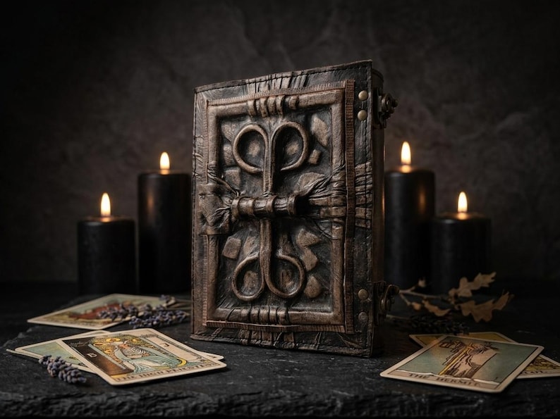 May include: A rectangular, dark brown, textured leather-bound book featuring a raised, symmetrical, looped metal-like emblem on the front cover. The book is secured with metal rivets along the spine edge and has a weathered, aged appearance.