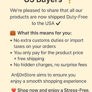 May include: Text on a light beige background announces "Important News for US Buyers!" and states products are now shipped duty-free to the USA. It lists benefits like no extra customs duties and free shipping.