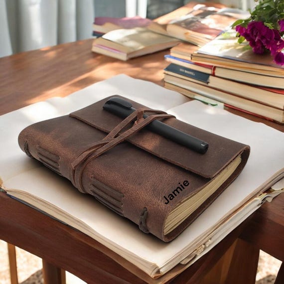 Personalized A5 Leather Bound-Lined Engrave Journal Notebook – Handmade Rustic Travel Writing Diary with Strap