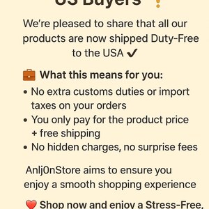May include: Text on a light beige background announces "Important News for US Buyers!" and states products are now shipped duty-free to the USA. It lists benefits like no extra customs duties and free shipping.