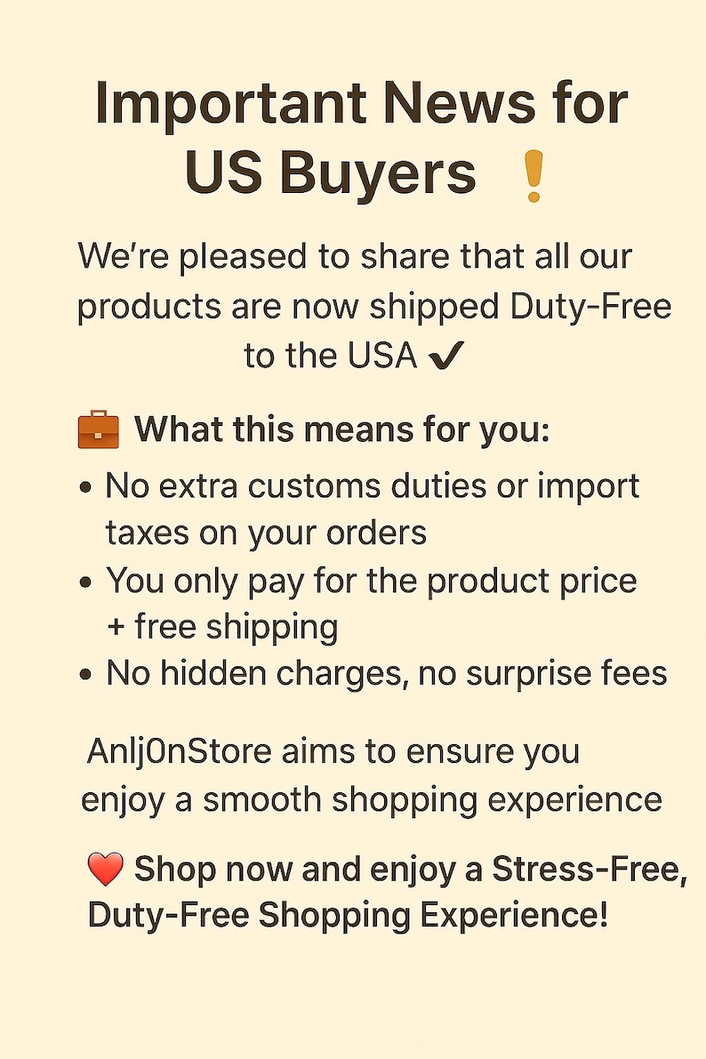 May include: Text on a light beige background announces "Important News for US Buyers!" and states products are now shipped duty-free to the USA. It lists benefits like no extra customs duties and free shipping.