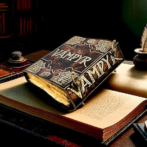 Puede incluir: Imagen detallada de un libro antiguo titulado "VAMPYR" con letras doradas ornamentadas y cierres. El libro descansa sobre una p&aacute;gina abierta, acompa&ntilde;ado de una pluma y un tintero, sugiriendo un tema g&oacute;tico o de fantas&iacute;a.