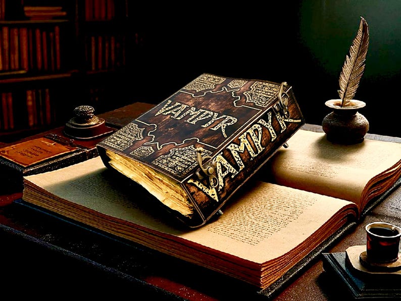 Puede incluir: Imagen detallada de un libro antiguo titulado "VAMPYR" con letras doradas ornamentadas y cierres. El libro descansa sobre una p&aacute;gina abierta, acompa&ntilde;ado de una pluma y un tintero, sugiriendo un tema g&oacute;tico o de fantas&iacute;a.