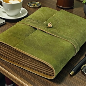 Personalized A5 Leather Bound-Lined Engrave Journal Notebook – Handmade Rustic Travel Writing Diary with Strap Green