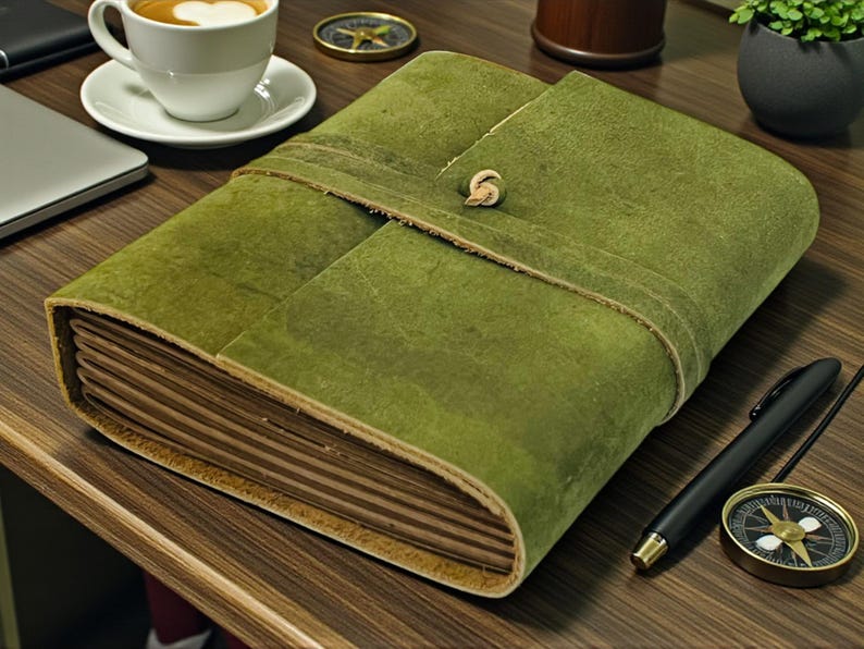 Personalized A5 Leather Bound-Lined Engrave Journal Notebook – Handmade Rustic Travel Writing Diary with Strap Green