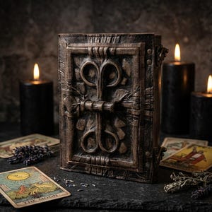 May include: A dark brown, textured journal with a raised, ornate, symmetrical metal-like latch mechanism on the front cover. The book is surrounded by three lit black pillar candles, scattered dried lavender sprigs, and two tarot cards.