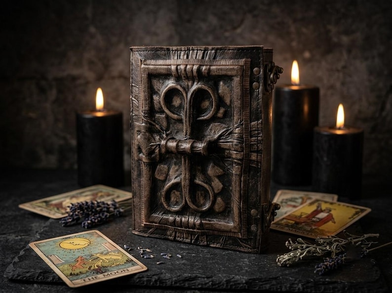 May include: A dark brown, textured journal with a raised, ornate, symmetrical metal-like latch mechanism on the front cover. The book is surrounded by three lit black pillar candles, scattered dried lavender sprigs, and two tarot cards.