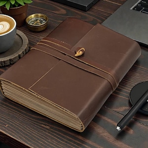 Personalized A5 Leather Bound-Lined Engrave Journal Notebook – Handmade Rustic Travel Writing Diary with Strap Radish brown