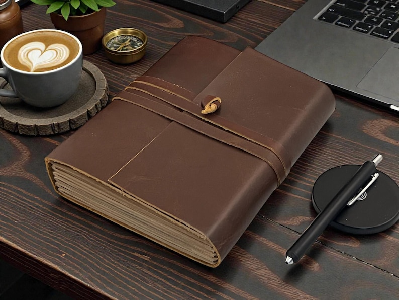 Personalized A5 Leather Bound-Lined Engrave Journal Notebook – Handmade Rustic Travel Writing Diary with Strap Radish brown