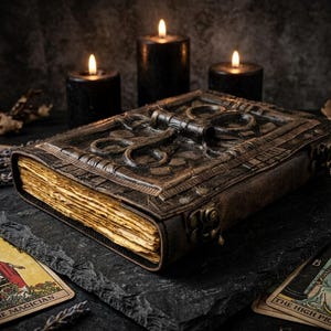 May include: A thick, rectangular book with a dark, weathered, embossed leather cover featuring intricate scrollwork and a central metal latch. The pages are aged, yellowed, and deckled. Three black pillar candles are lit in the background.