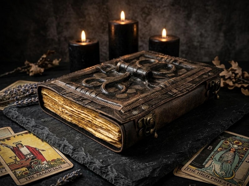 May include: A thick, rectangular book with a dark, weathered, embossed leather cover featuring intricate scrollwork and a central metal latch. The pages are aged, yellowed, and deckled. Three black pillar candles are lit in the background.