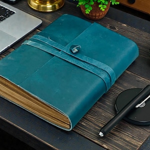 Personalized A5 Leather Bound-Lined Engrave Journal Notebook – Handmade Rustic Travel Writing Diary with Strap Blue