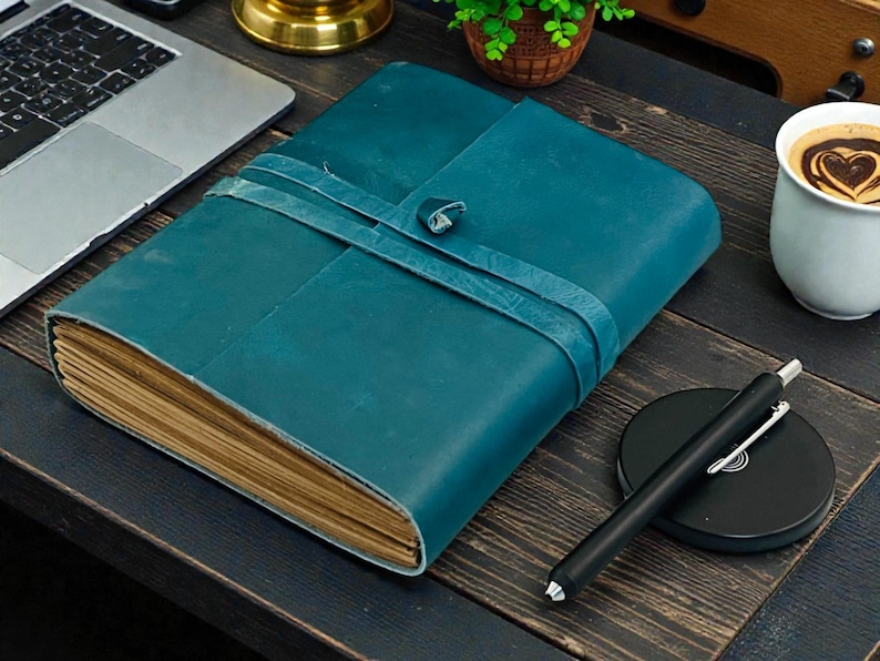 Personalized A5 Leather Bound-Lined Engrave Journal Notebook – Handmade Rustic Travel Writing Diary with Strap Blue
