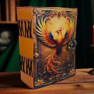May include: A leather-bound journal with a vibrant phoenix illustration on the cover. The journal features a brass clasp and decorative floral accents. The spine is a lighter shade of brown with black stitching. A red candle in a brass holder is in the background.
