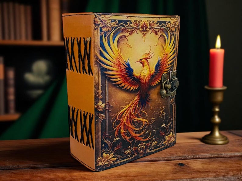 May include: A leather-bound journal with a vibrant phoenix illustration on the cover. The journal features a brass clasp and decorative floral accents. The spine is a lighter shade of brown with black stitching. A red candle in a brass holder is in the background.