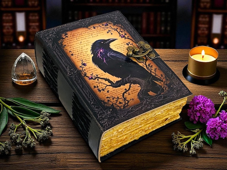 May include: A large, antique-style journal with a raven illustration on the cover. The raven is perched on a branch, with purple accents. The pages have a golden edge. The journal is on a wooden surface, with a lit candle and flowers.