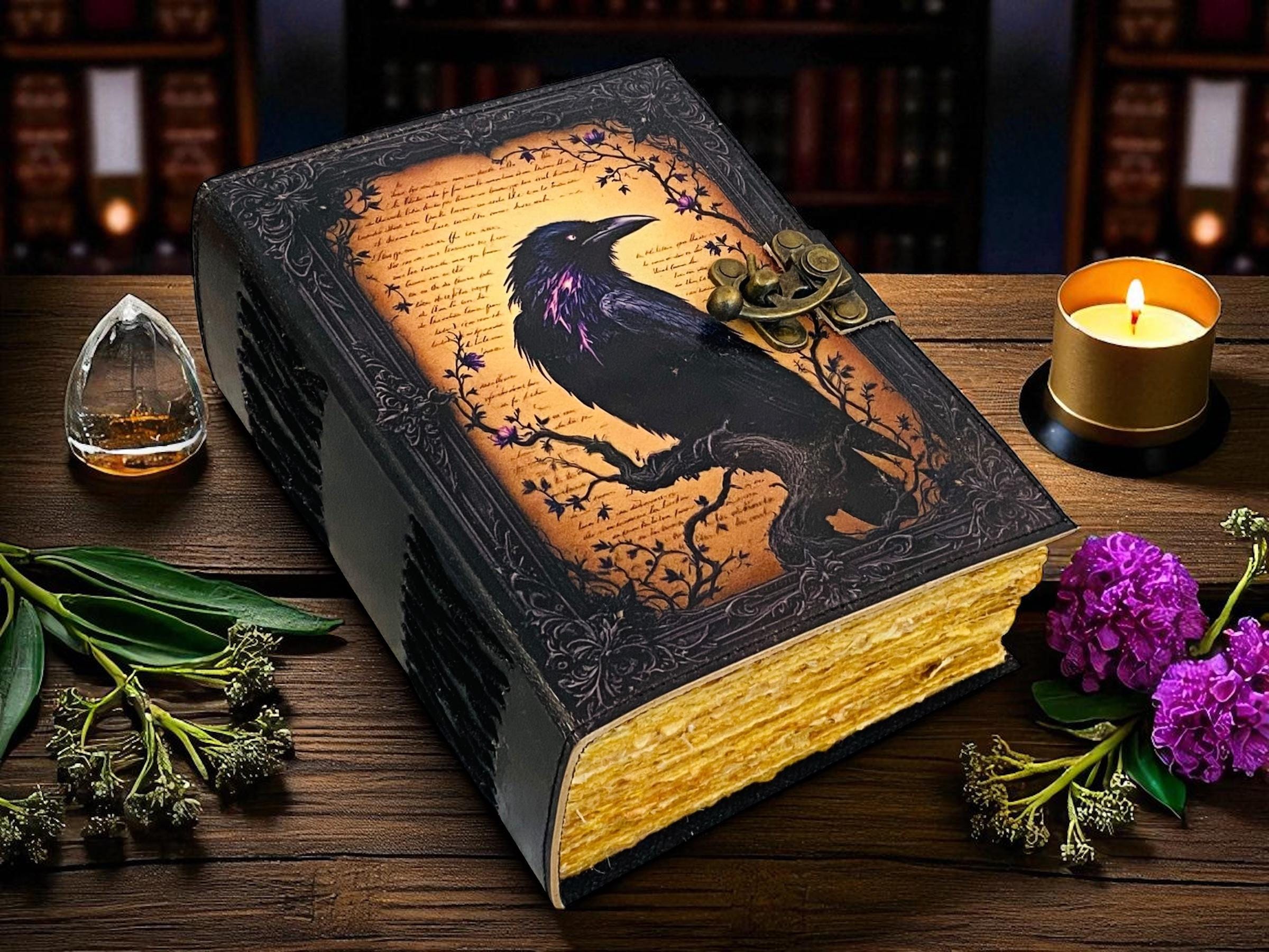400 Page Gothic Raven Journal – Leather Book of Shadows | Dark Poetry Grimoire | Handmade Diary | Witchy Writing Notebook Halloween gift