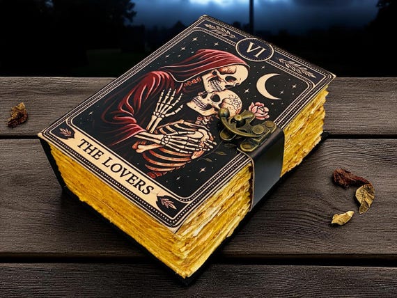 The Lovers Handmade Leather Gothic Journal – Witchcraft Spell Book of shadows with deckle page