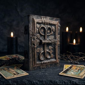 May include: A dark brown leather-bound book featuring a raised, embossed symmetrical knotwork design on the front cover. The book has a textured, weathered appearance with visible stitching along the spine and a central latch mechanism for closure.
