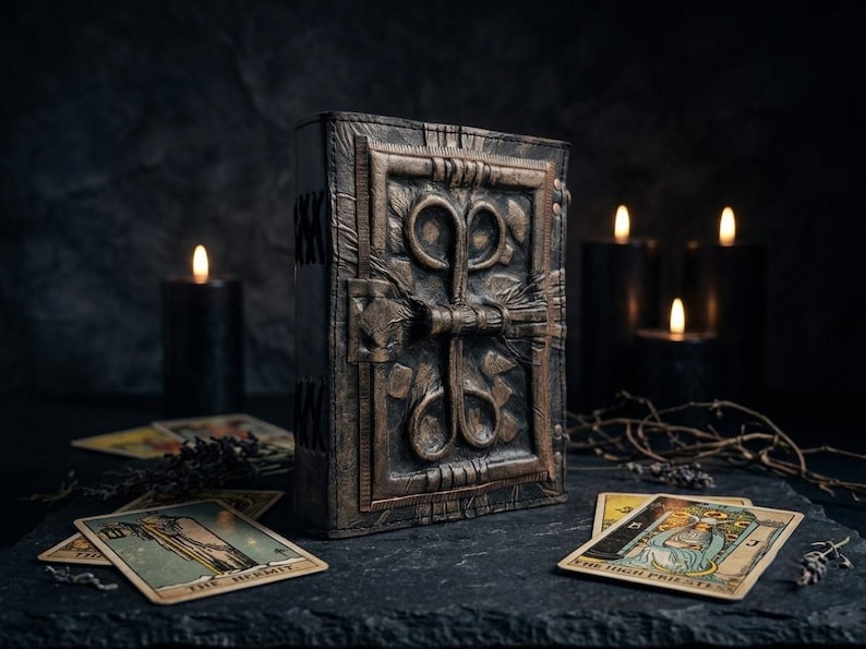 May include: A dark brown leather-bound book featuring a raised, embossed symmetrical knotwork design on the front cover. The book has a textured, weathered appearance with visible stitching along the spine and a central latch mechanism for closure.