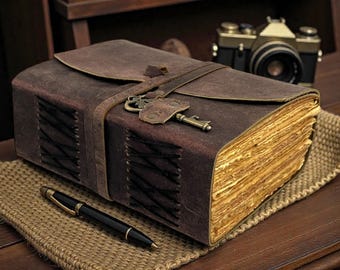 Handmade Leather Journal with Antique Key | Vintage Antique Rustic Blank Paper Gift for Writers