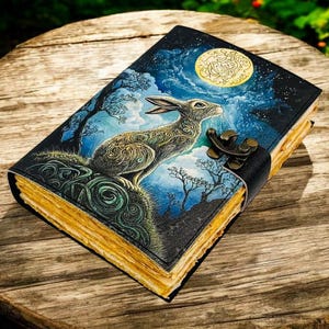 May include: A leather-bound journal with a fantasy illustration of a hare under a full moon. The cover features a detailed painting in shades of blue, gold, and brown. The journal has a clasp closure and aged-looking pages, resting on a wooden surface.