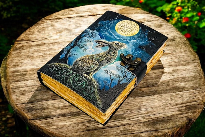 May include: A leather-bound journal with a fantasy illustration of a hare under a full moon. The cover features a detailed painting in shades of blue, gold, and brown. The journal has a clasp closure and aged-looking pages, resting on a wooden surface.