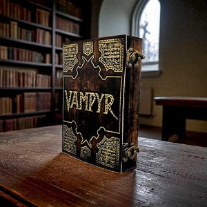 Puede incluir: Un libro de madera oscura con la palabra "VAMPYR" en letras doradas. El libro tiene dise&ntilde;os dorados ornamentados y cierres met&aacute;licos. Se muestra sobre una mesa de madera oscura en una biblioteca.