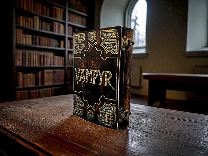 Puede incluir: Un libro de madera oscura con la palabra "VAMPYR" en letras doradas. El libro tiene dise&ntilde;os dorados ornamentados y cierres met&aacute;licos. Se muestra sobre una mesa de madera oscura en una biblioteca.
