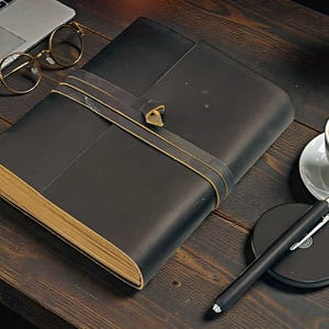 Personalized A5 Leather Bound-Lined Engrave Journal Notebook – Handmade Rustic Travel Writing Diary with Strap Black