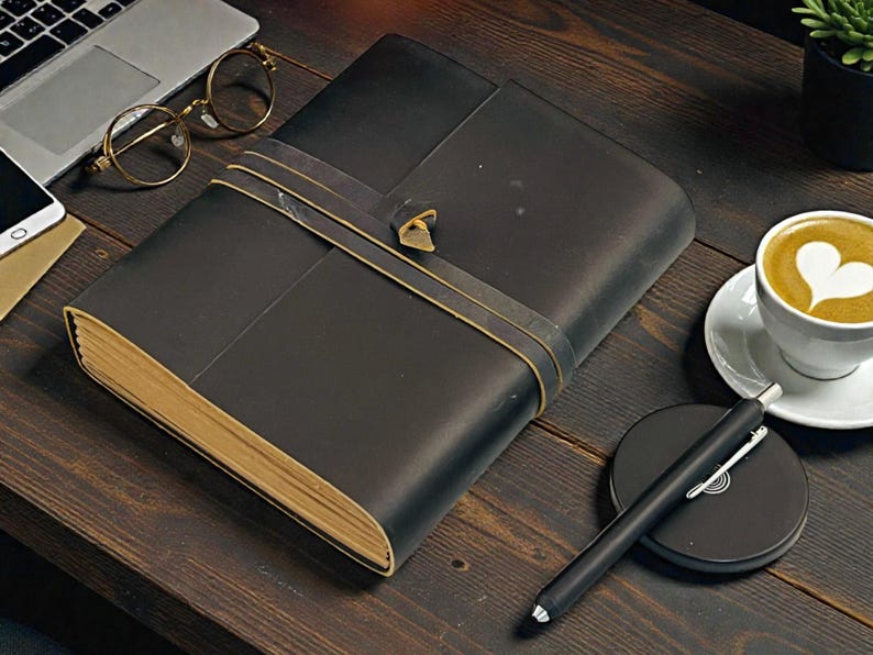 Personalized A5 Leather Bound-Lined Engrave Journal Notebook – Handmade Rustic Travel Writing Diary with Strap Black