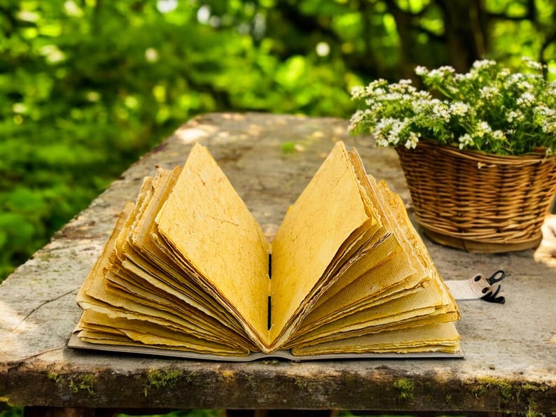 May include: An open, handmade journal with yellowed pages rests on a weathered wooden surface. A woven basket filled with white flowers sits nearby. The background is a blurred green, suggesting an outdoor setting.
