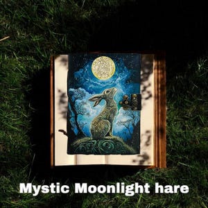 May include: A leather-bound journal with a mystical design. The cover features a detailed illustration of a hare gazing at a full moon in a starry night sky. The journal has a metal clasp and the text "Mystic Moonlight hare".