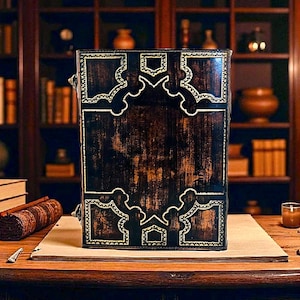 Puede incluir: Un libro grande de estilo antiguo con una cubierta marr&oacute;n oscuro texturizada y un borde dorado adornado. El libro est&aacute; abierto sobre un escritorio, con un fondo de biblioteca. El libro tiene una est&eacute;tica vintage y g&oacute;tica.
