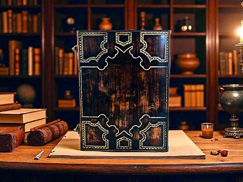 Puede incluir: Un libro grande de estilo antiguo con una cubierta marr&oacute;n oscuro texturizada y un borde dorado adornado. El libro est&aacute; abierto sobre un escritorio, con un fondo de biblioteca. El libro tiene una est&eacute;tica vintage y g&oacute;tica.