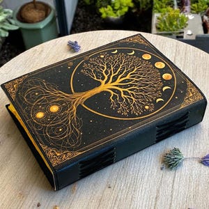 May include: Black journal with a gold tree of life design on the cover. The tree is surrounded by a gold circle with moon phases. The journal has a gold border and gold-edged pages. The journal is on a wooden surface.