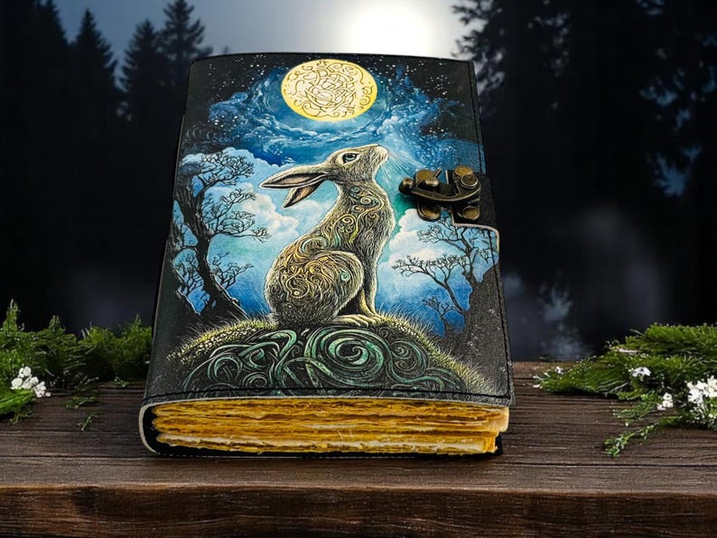 May include: A leather-bound journal with a detailed illustration of a rabbit gazing at a full moon. The cover features a night sky scene with trees and clouds. The journal has a metal clasp and aged-looking pages.