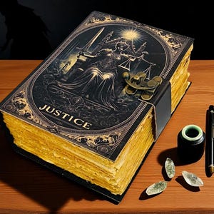 Diario de cuero del Tarot de la Justicia de 400 páginas / Libro de hechizos góticos del equilibrio / Grimorio grabado personalizado / Cierre con candado / Papel desbarbado hecho a mano /