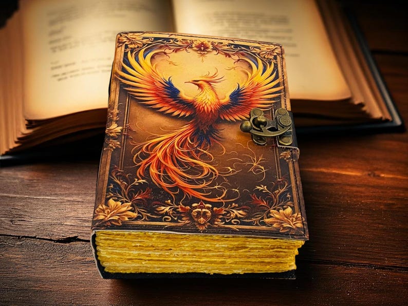May include: A leather-bound journal with a detailed phoenix illustration on the cover. The phoenix is depicted with vibrant orange, yellow, and blue feathers. The journal has a brass clasp and gilded page edges, suggesting a vintage or fantasy theme.