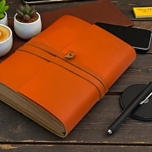 Personalized A5 Leather Bound-Lined Engrave Journal Notebook – Handmade Rustic Travel Writing Diary with Strap Orange