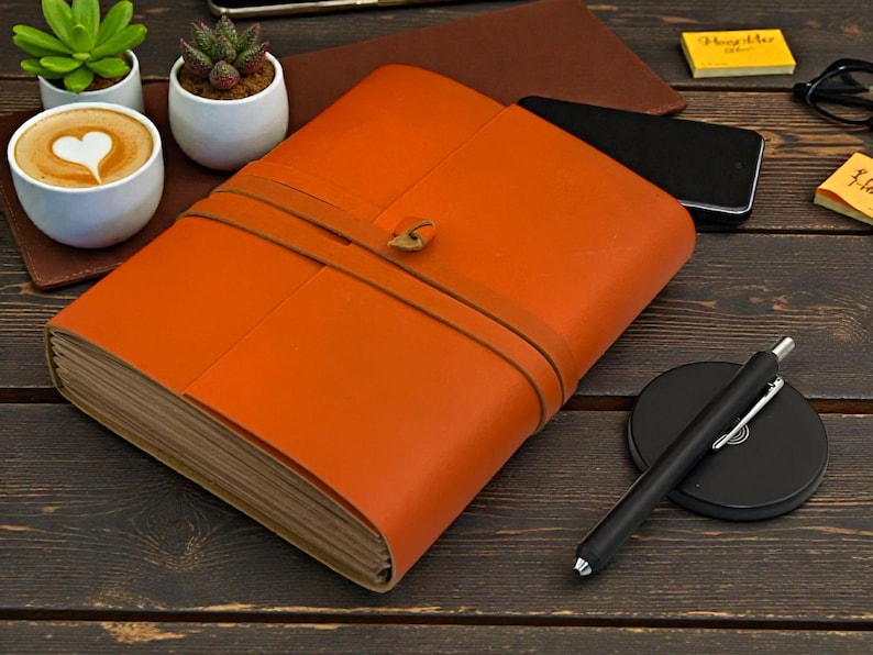 Personalized A5 Leather Bound-Lined Engrave Journal Notebook – Handmade Rustic Travel Writing Diary with Strap Orange