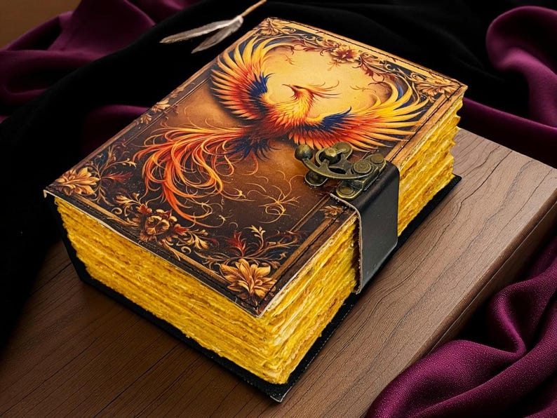 May include: A decorative journal with a phoenix illustration on the cover. The cover features a detailed design with a brass clasp and a black leather strap. The pages have a golden hue, and the journal is resting on a wooden surface.