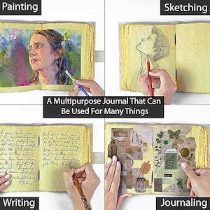 May include: A multipurpose journal with four panels showcasing its uses: painting, sketching, writing, and journaling. The journal's pages are a light yellow, and the text "A Multipurpose Journal That Can Be Used For Many Things" is displayed.