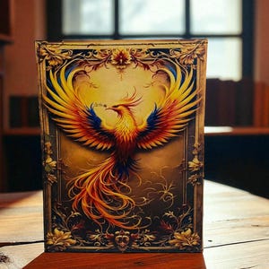 May include: A rectangular artwork featuring a vibrant phoenix with outstretched wings. The bird is depicted in shades of yellow, orange, and red, set against a sepia-toned background. The artwork is framed with ornate gold detailing.