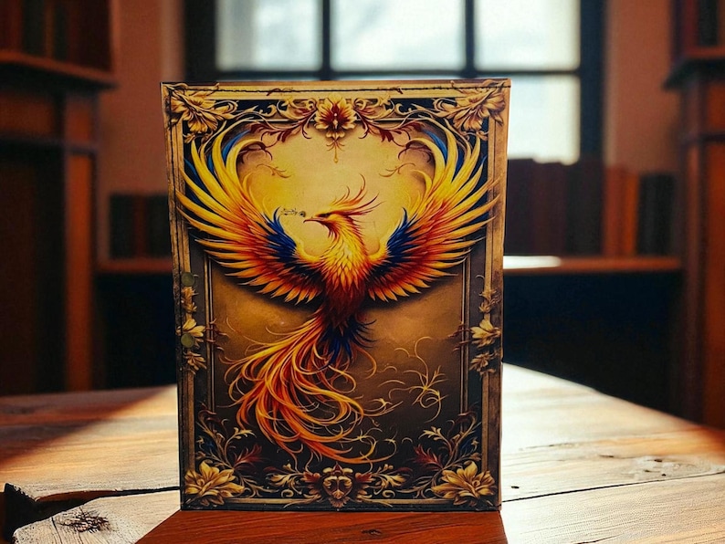 May include: A rectangular artwork featuring a vibrant phoenix with outstretched wings. The bird is depicted in shades of yellow, orange, and red, set against a sepia-toned background. The artwork is framed with ornate gold detailing.