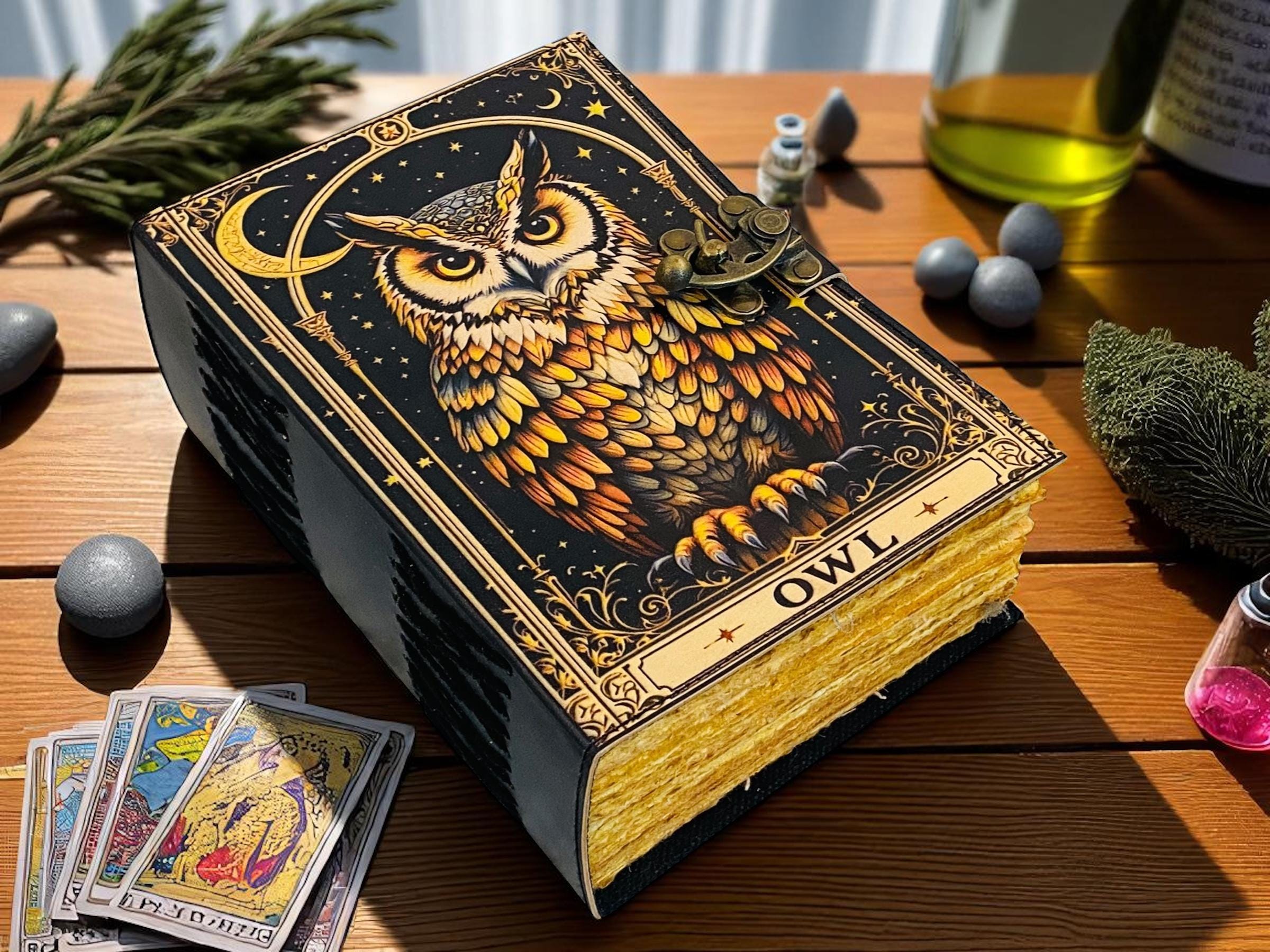 Handmade Owl Grimoire Journal, Leather blank Book of Shadows, Celestial Witchcraft Notebook Gift