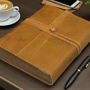 Personalized A5 Leather Bound-Lined Engrave Journal Notebook – Handmade Rustic Travel Writing Diary with Strap Light Brown