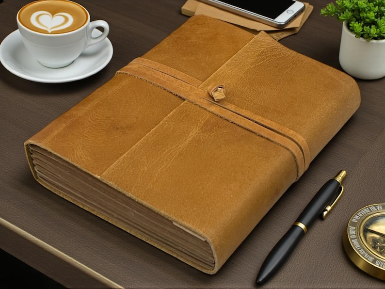 Personalized A5 Leather Bound-Lined Engrave Journal Notebook – Handmade Rustic Travel Writing Diary with Strap Light Brown